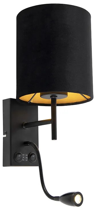 Art Deco nástenná lampa čierna s zamatovým tienidlom - Stacca