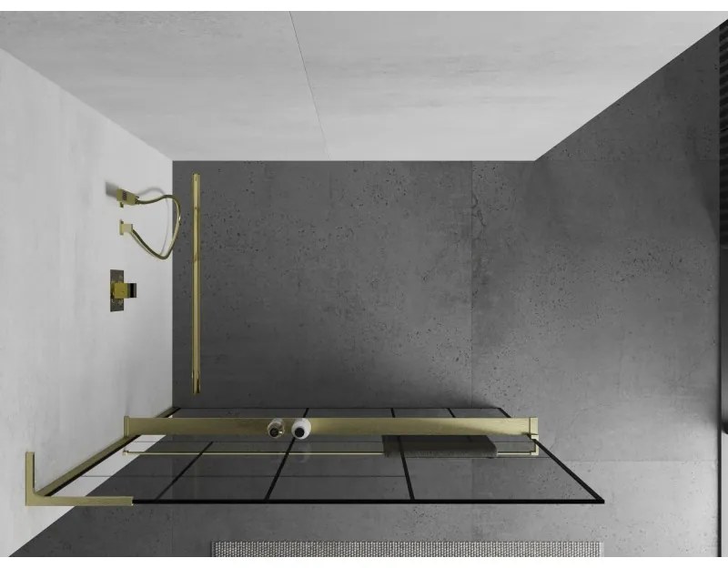 Mexen Kioto+ L, sprchová zástena Walk-In s poličkou a vešiakom 80 x 200 cm, 8mm číre sklo čierny vzor, zlatý matný profil, 800-080-123-55-78