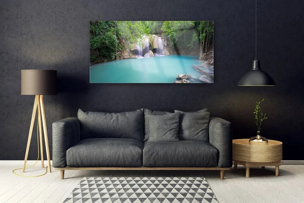 Obraz na akrylátovom skle Vodopád les jazero príroda 120x60 cm