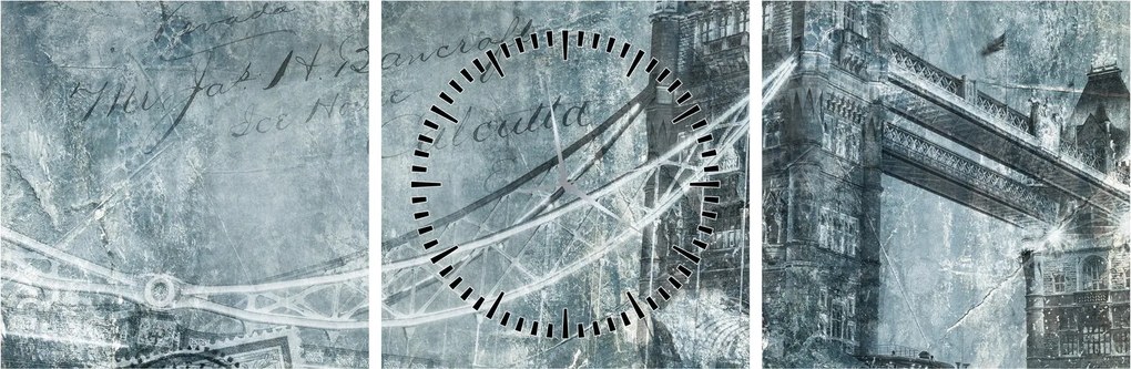 Obraz - Tower Bridge v chladných tónoch (s hodinami) (90x30 cm)