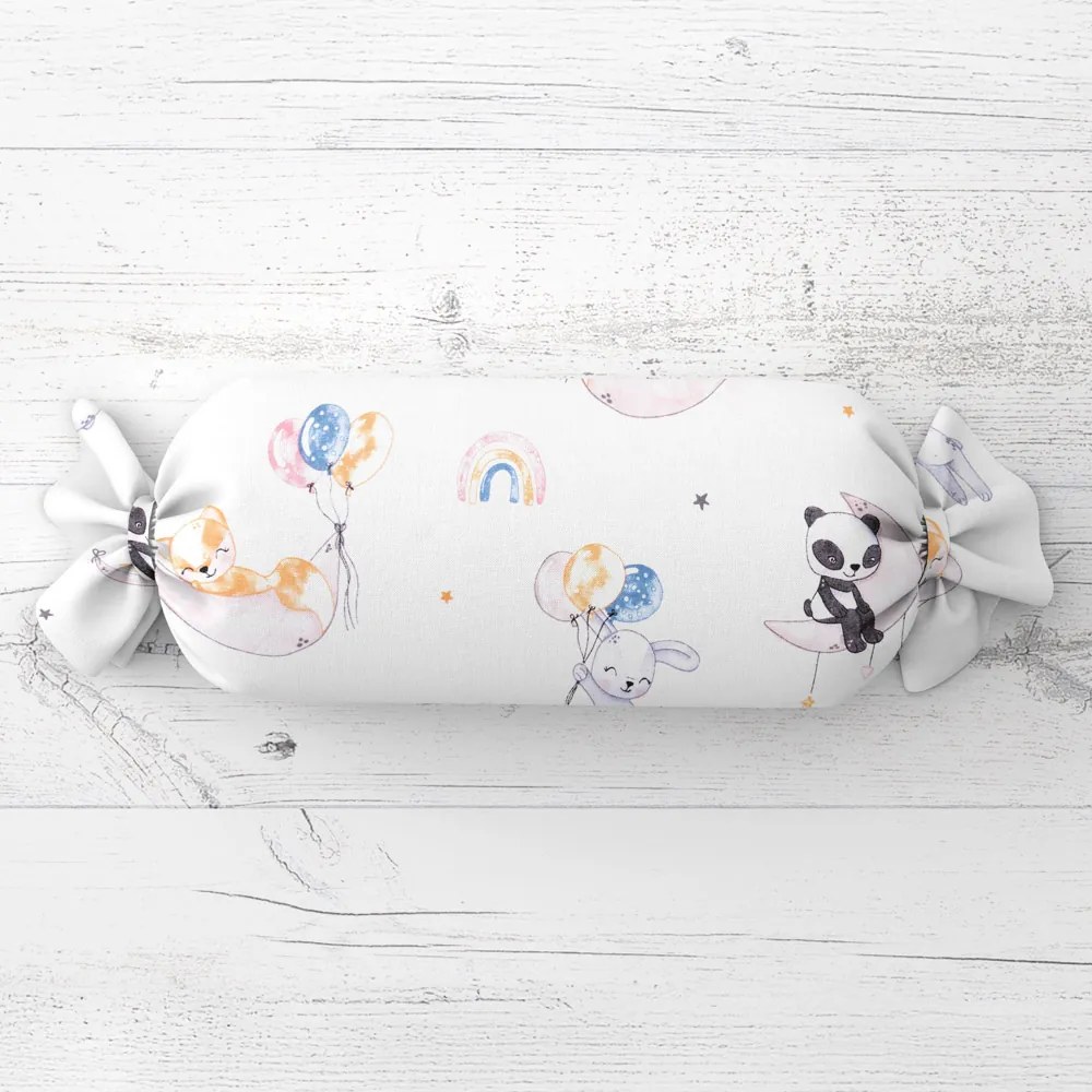 Biante Detský vankúš valec bonbon Sandra SA-374 Pandy líšky a zajačiky s balónikmi 15x40 cm