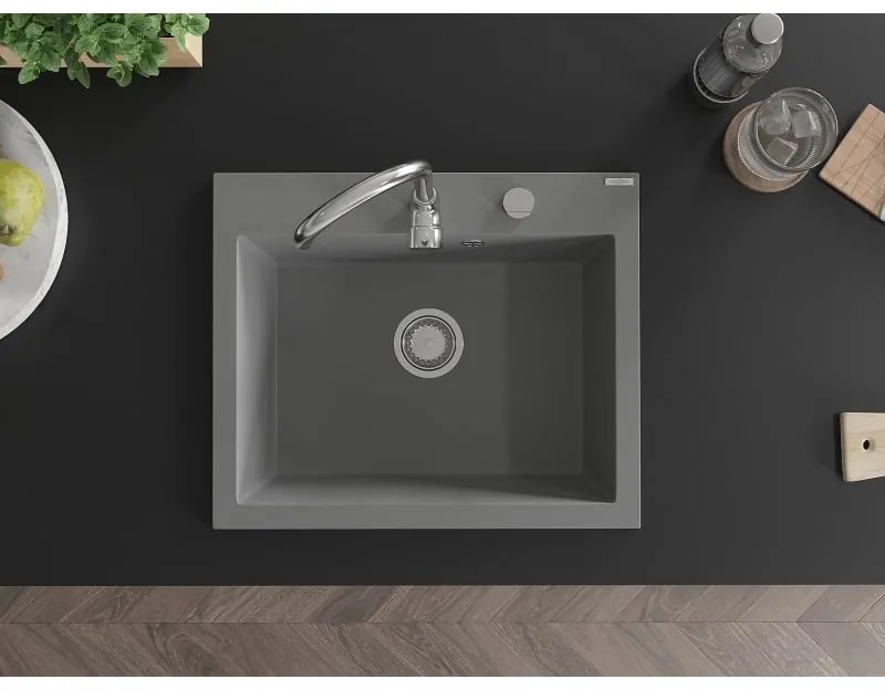 Mexen Elix, 1-komorový granitový drez 600 x 500 mm, sivý, chrómový sifón - 6525601005-71
