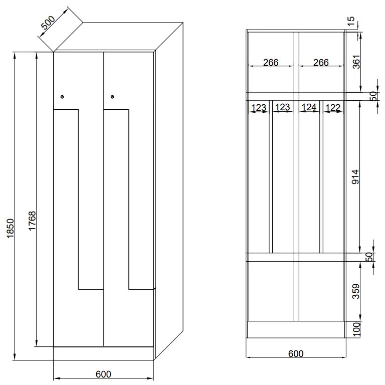 Kovová šatníková skrinka Z, 4 oddiely, 1850 x 600 x 500 mm, zámok s čítačkou RFID kariet, laminované dvere, dub prírodný