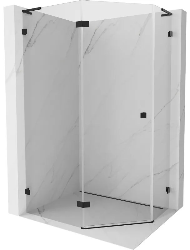 Mexen Lunar, L päťuholníkový sprchový kút naklápací doľava 90 x 80 cm, 8mm číre sklo, čierny profil, 831L-090L-080P-70-00-L
