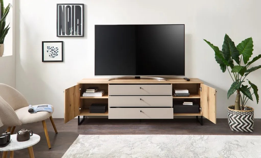 Široká TV skrinka Cube, dub evoke / pieskovo šedá