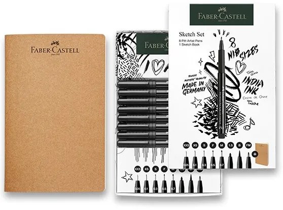 Popisovače a skicár Faber-Castell Pitt Artist Pen - súprava 8+1 ks, rôzne hroty, čierny