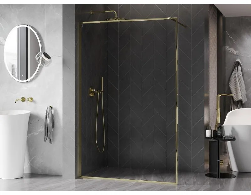 Mexen Kioto-F, sprchová zástena s rámom 130 x 202 cm, 8 mm číre sklo, zlatý lesklý profil, 800-130-104-50-00