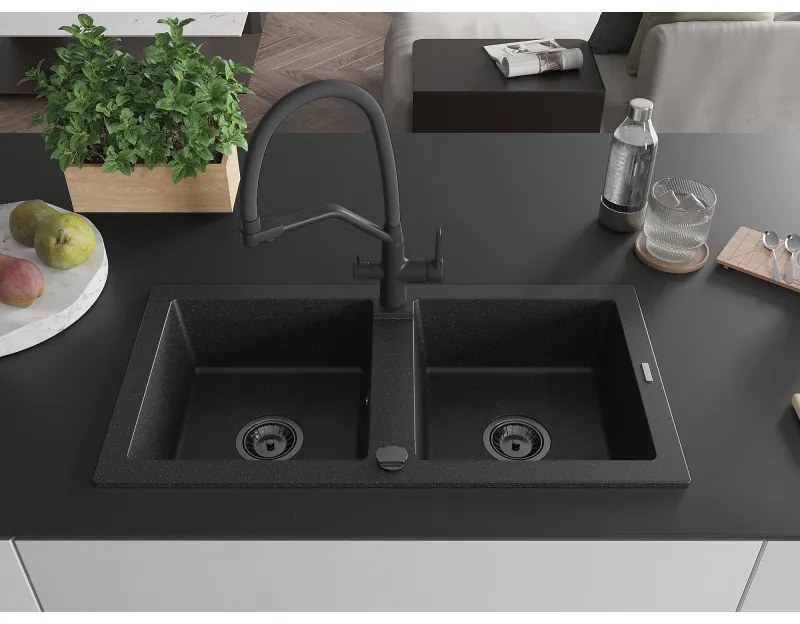 Mexen Mario, granitový drez 820x436x161 mm, 2-komorový a drezová batéria Duo, čierna-strieborná metalíza, 6504-73-671701-70-B