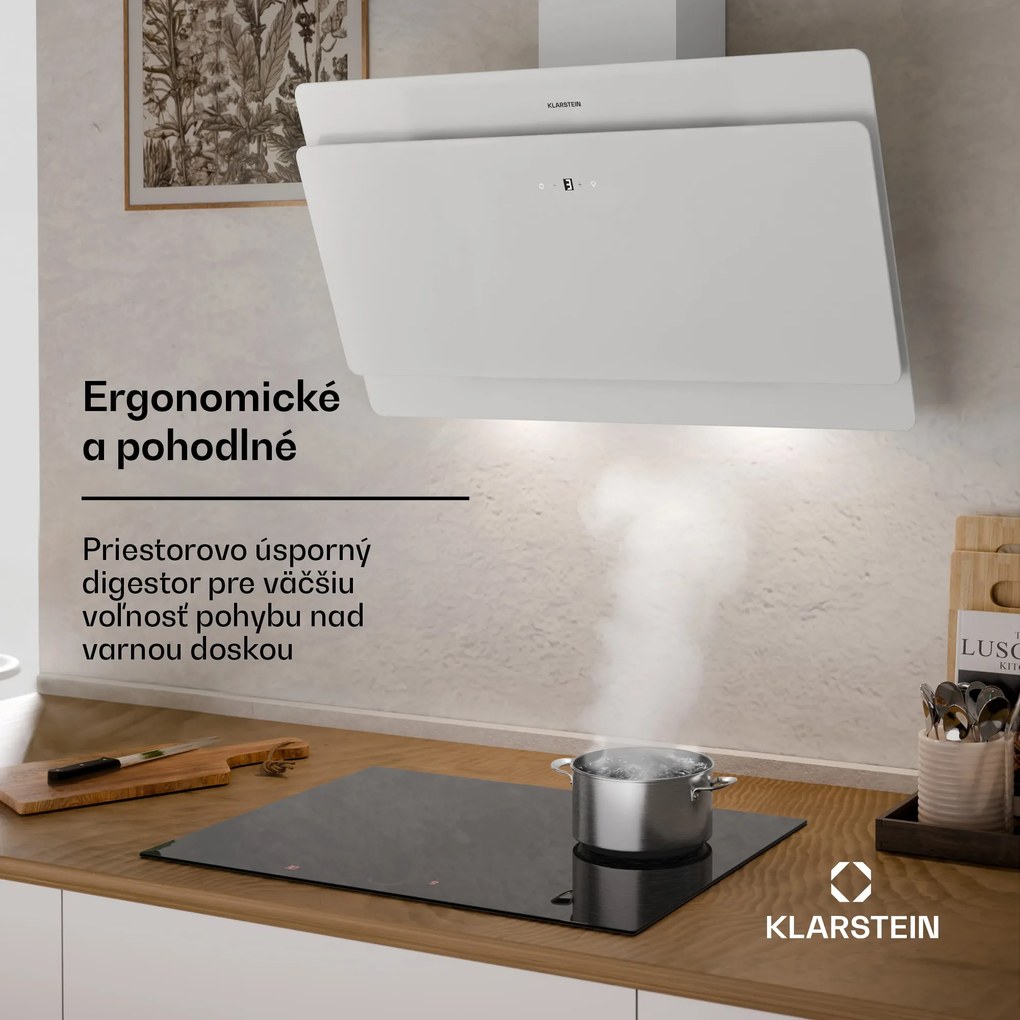 Klarstein Aurica 90, digestor, 90 cm, nástenný, 607 m³/h, LED, dotykové ovládanie, sklo, biely