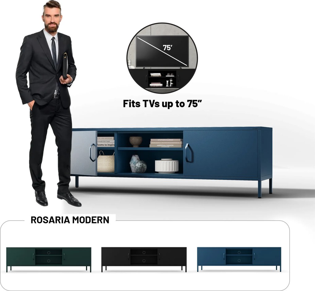 Široká kovová TV skrinka XL na nožičkách, tmavomodrá, 1700x400x500 mm: ROSARIA