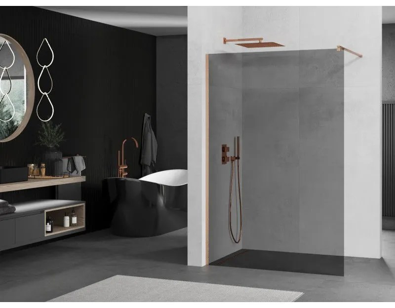 Mexen Kioto, sprchová zástena Walk-In 80 x 200 cm, 8mm šedé sklo, medený matný profil, 800-080-101-65-40