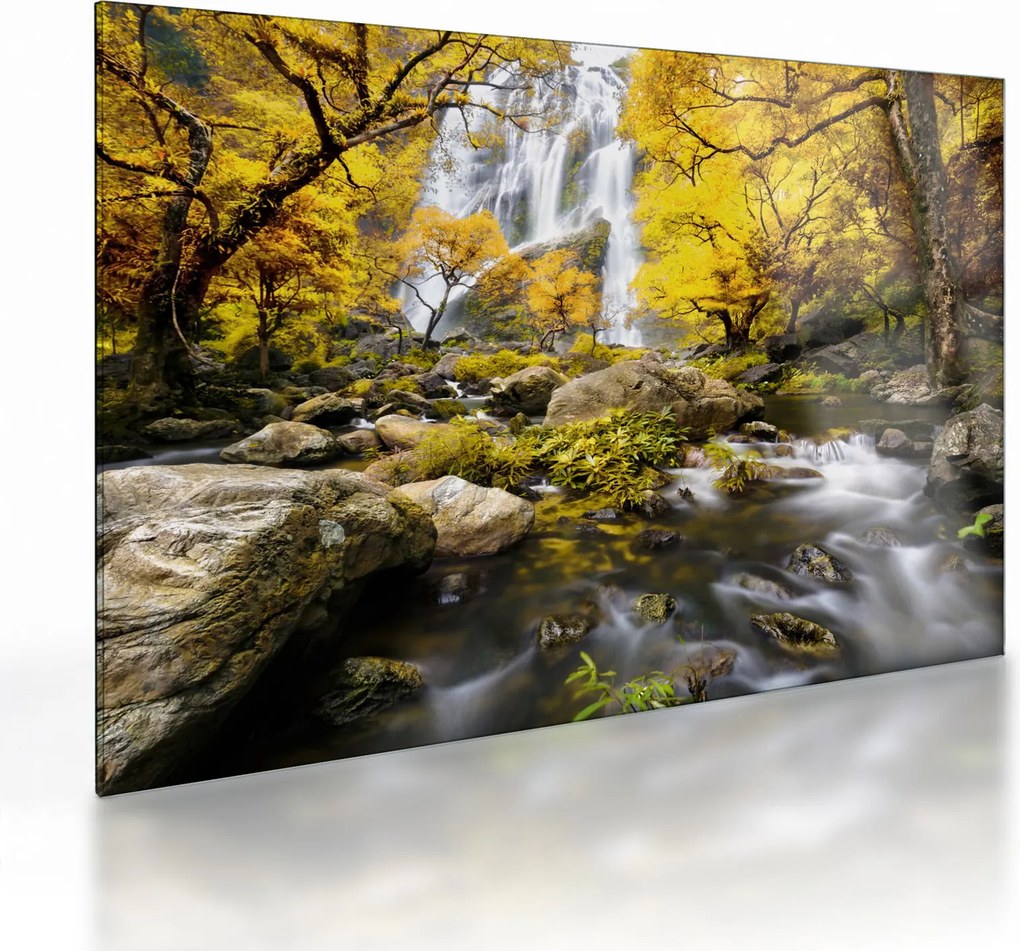 Sklenený obraz - Vodopády v jesennej krajine, žlté (70x50 cm)