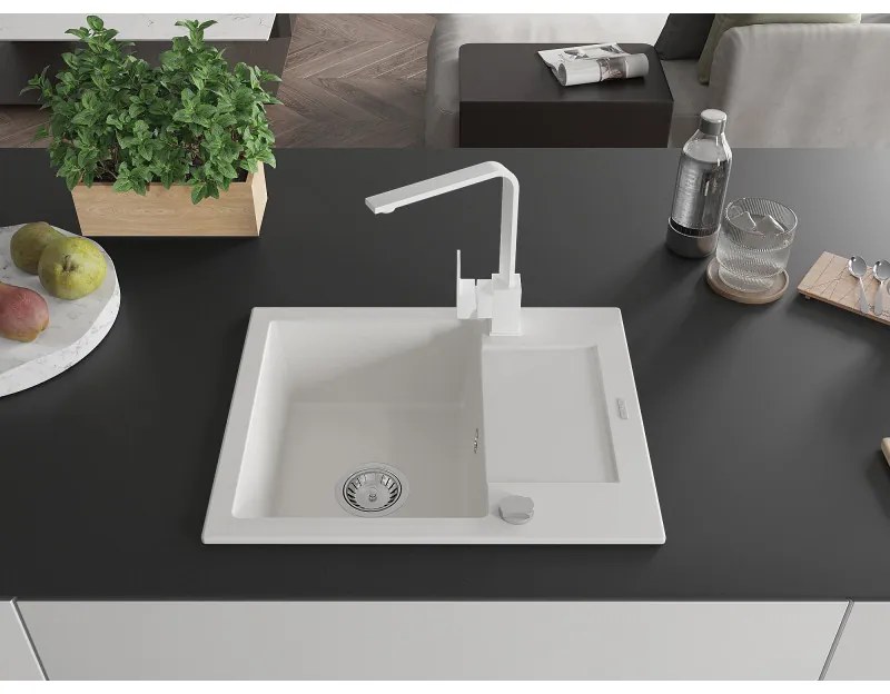 Mexen Enzo, granitový drez 576x465x174 mm, 1-komorový a biela batéria Rita, biela, 6506-20-670300-20