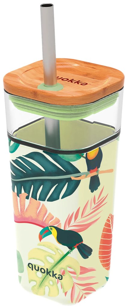 Sklenený cestovný hrnček so slamkou Liquid Cube Tropical Toucans 540 ml