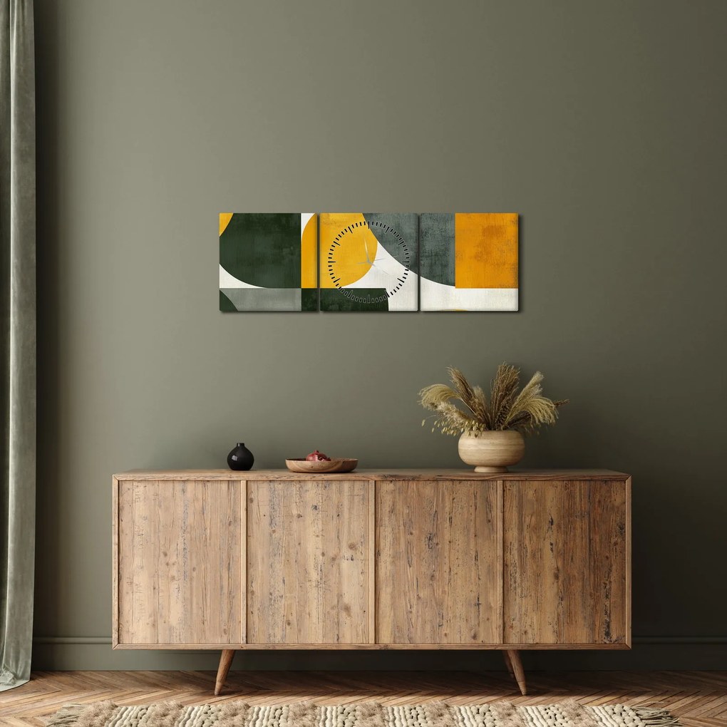 Obraz - Abstrakcia v olivovej farbe (s hodinami) (90x30 cm)