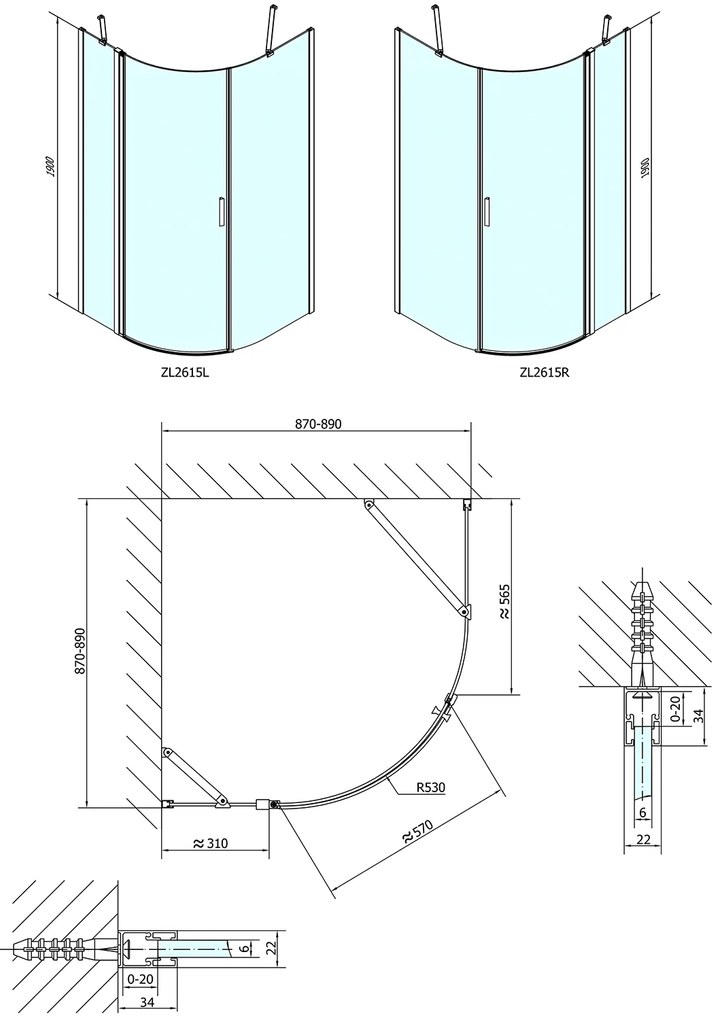 Polysan Polysan, ZOOM LINE štvrťkruhová sprchová zástena 900x900mm, číre sklo, ľavá, ZL2615L