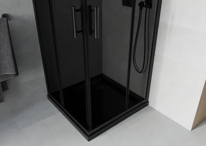 Mexen Rio, štvorcový sprchovací kút s posuvnými dverami 70(dvere) x 70(dvere) x 190 cm, 6mm šedé sklo, čierny profil + čierna sprchová vanička SLIM, 860-070-070-70-40-4070B