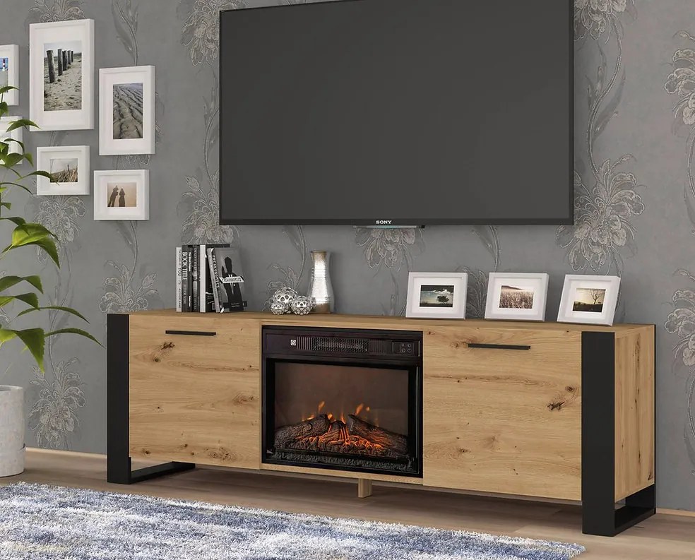 TV skrinka/stolík s krbom Nulakka (dub artisan + čierna). Akcia -20%. Vlastná spoľahlivá doprava až k Vám domov. 1124968