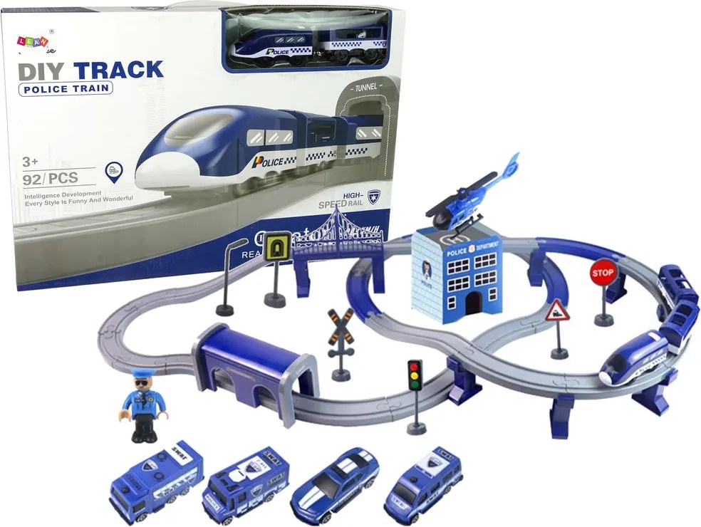 LEAN Toys Súprava mestský policajný vlak modrý 203 km/h