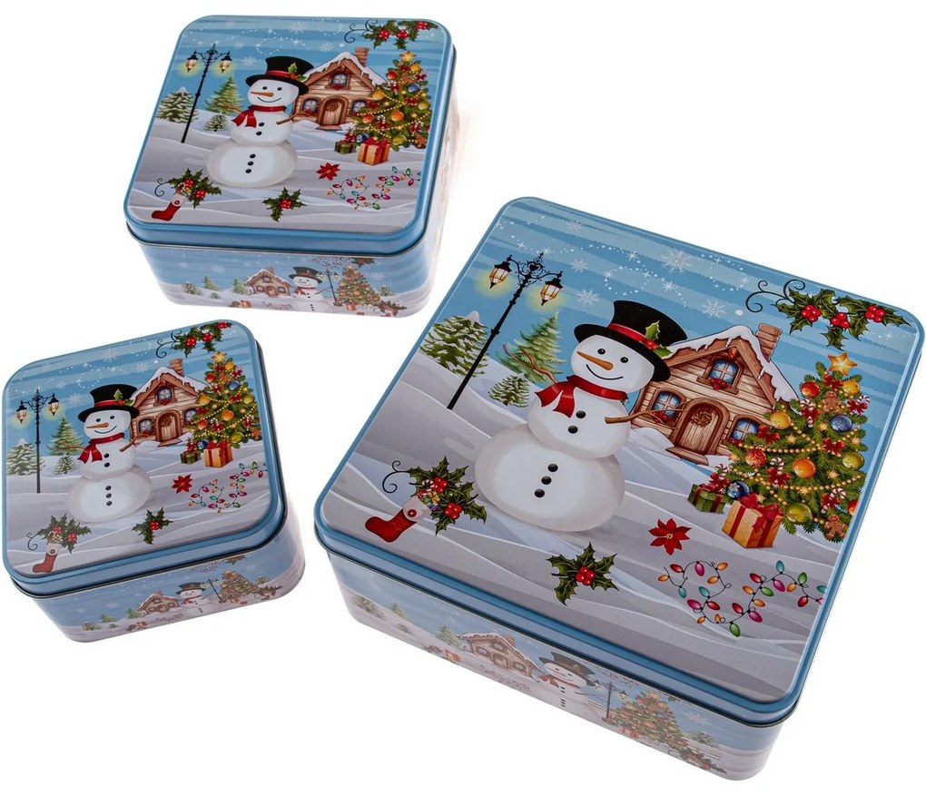 Súprava 3 hranatých plechových dóz Snehuliak