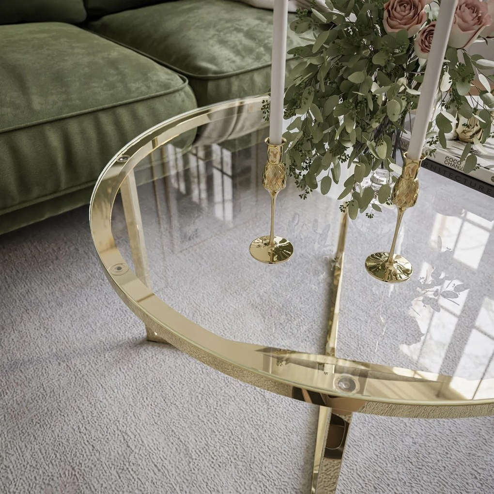 Dizajnový okrúhly konferenčný stolík LAILA zlatý chróm + tvrdené sklo