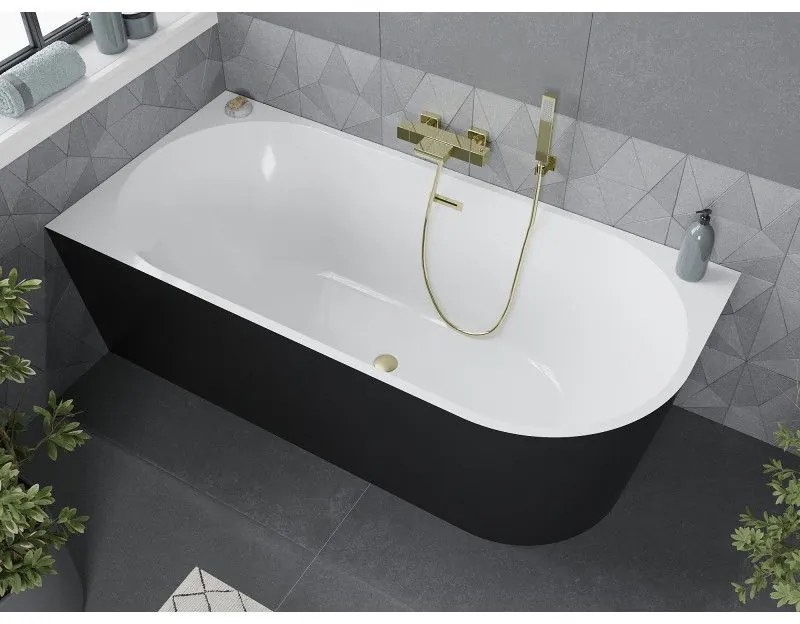 Mexen Mia, voľne stojaca rohová vaňa, lavá, 150 x 75 cm, biela-čierna, zlatý matný prepad, 52691507575L-55