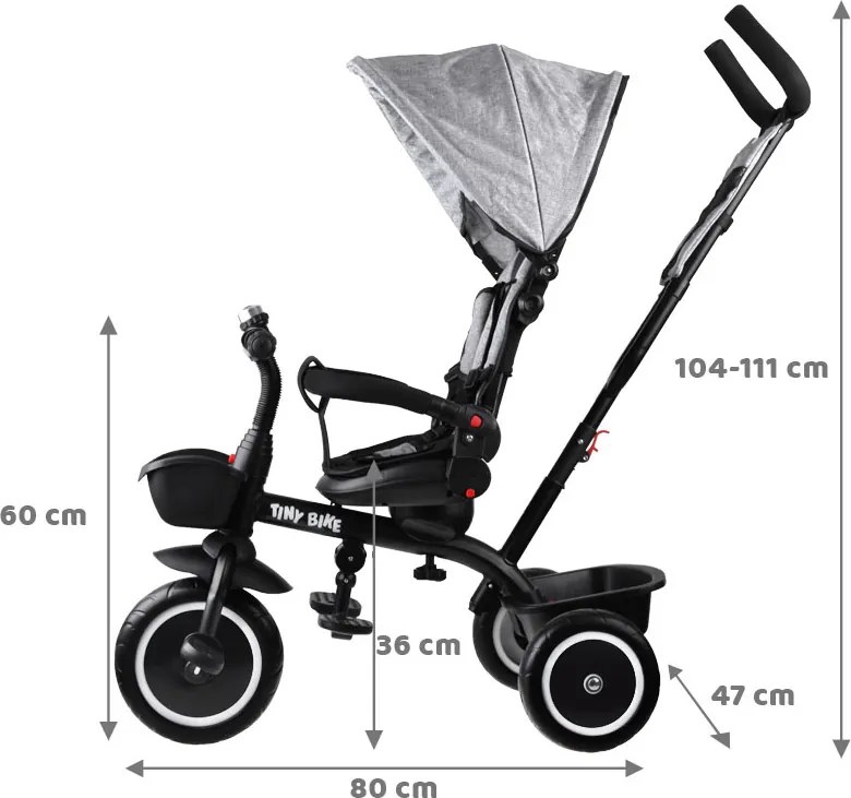 Detská trojkolka Tiny Bike 3 v 1 so strieškou, otočná SP0650 sivá