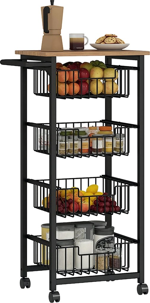 HOMCOM Kuchynský vozík s pracovnou doskou, 4 výsuvné oceľové koše, vozík na kolieskach do kancelárie, 49,5 x 31 x 91 cm, Dub | Aosom