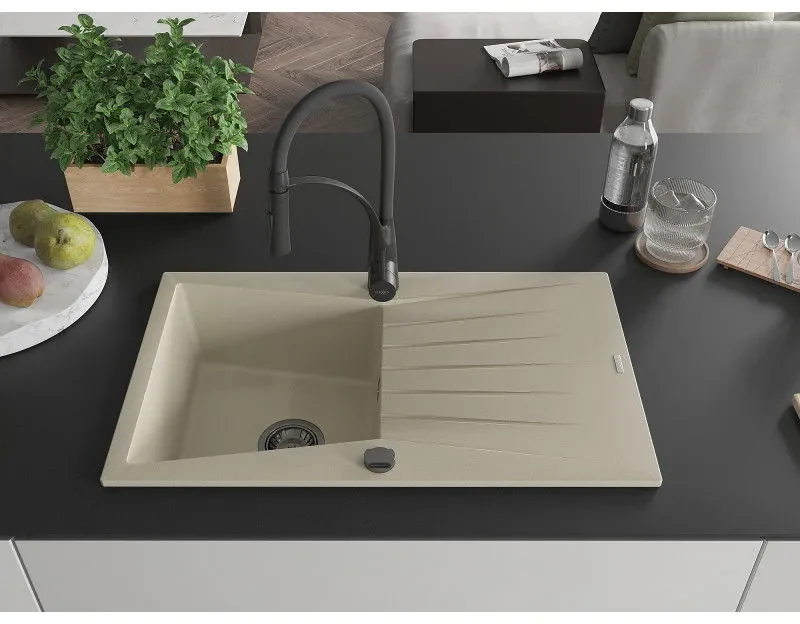 Mexen Cesar, 1-komorový granitový drez 775x470x190 mm a drezová batéria Aster, béžová, 6514-69-73450-70-B