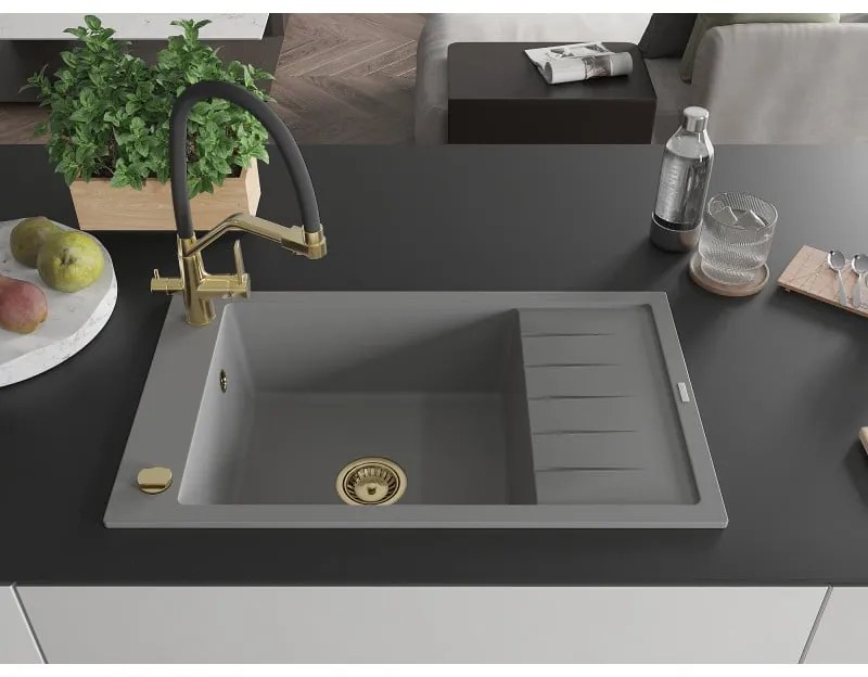 Mexen Elias, 1-komorový granitový drez 795x480x200 mm a drezová batéria Duo, šedá, 6511-71-671701-57-G