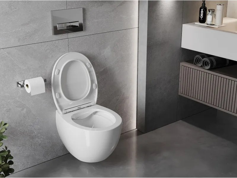 Mexen Egg, závesná WC misa Rimless s duroplastovým sedátkom s pomalým zatváraním, biela lesklá, 30245000