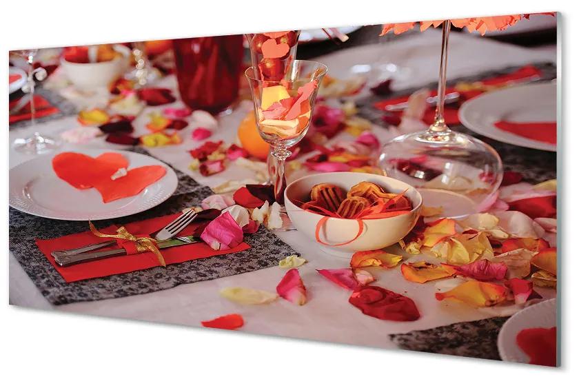 Nástenný panel  Srdce okvetné lístky ruží večera okuliare 140x70 cm