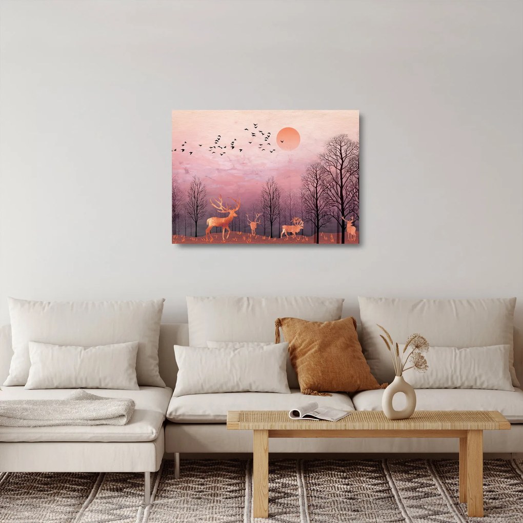 Sklenený obraz - Jelene v žiare zapadajúceho slnka (70x50 cm)