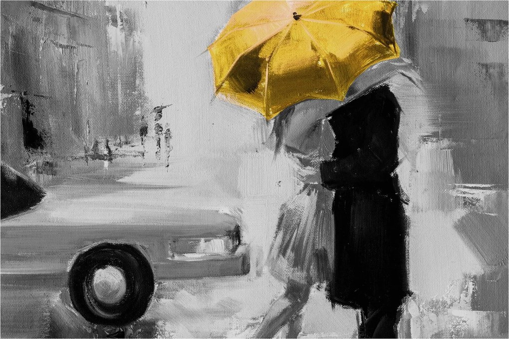 Obraz - Zamilovaný pár pod dáždnikom, žltý (90x60 cm)