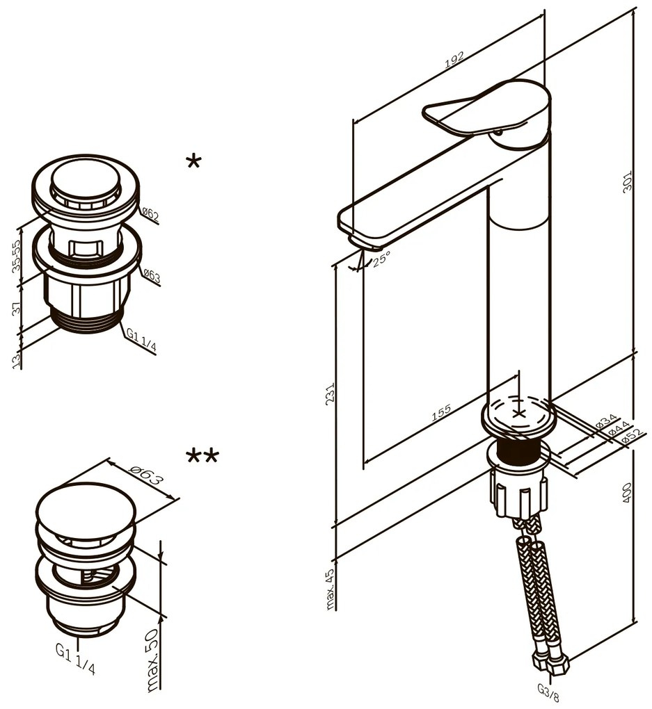 Umývadlová batéria AM.PM X-Joy FXA92222 vysoká s odtokovým ventilom, čierna