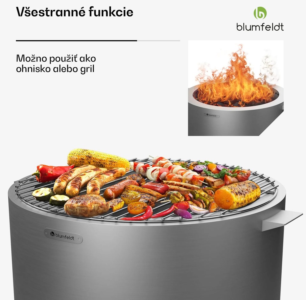 Blumfeldt Ignite Pure ohnisko, nízka dymivosť, grilovací rošt, nehrdzavejúca oceľ, prenosné, kryt proti dažďu, držadlá na prenášanie