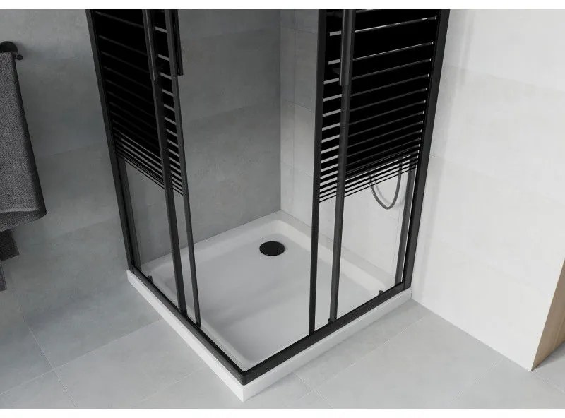 Mexen Rio, štvorcový sprchovací kút s posuvnými dverami 80(dvere) x 80(dvere) x 190 cm, 6mm číre sklo s pásikmi, čierny profil + biela sprchová vanička SLIM, 860-080-080-70-20-4010B