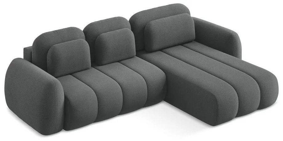 Tmavosivá rozkladacia/s úložným priestorom rohová pohovka z textílie buklé (pravý roh/s leňoškou) Pele – Makamii