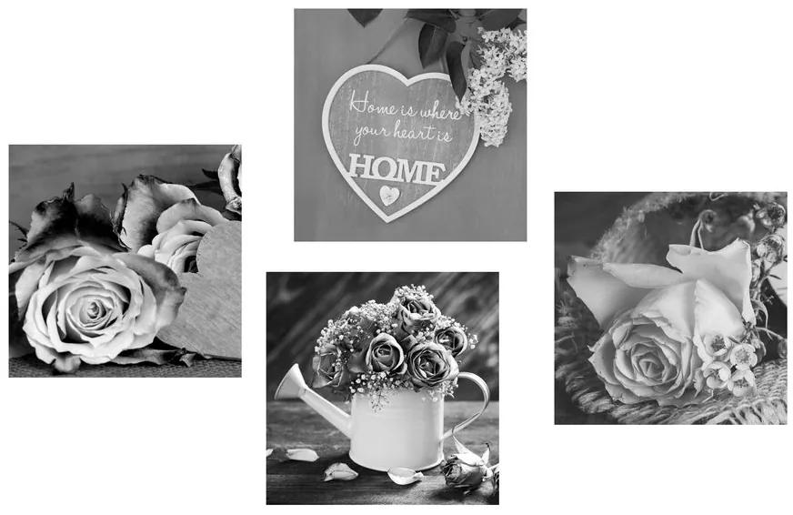 Set obrazov čiernobiele kvetiny s nápisom Home