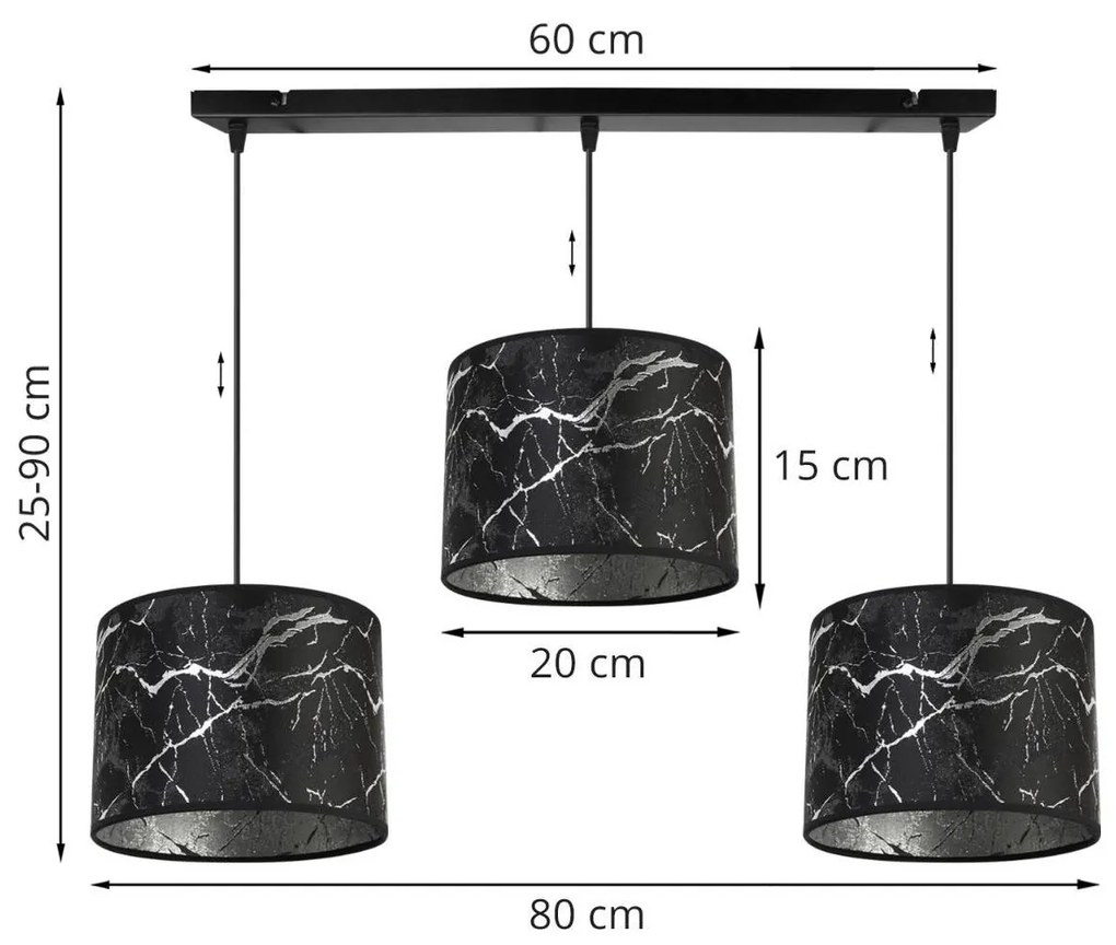 Závesné svietidlo Werona 3, 3x čierne textilné tienidlo so vzorom, s