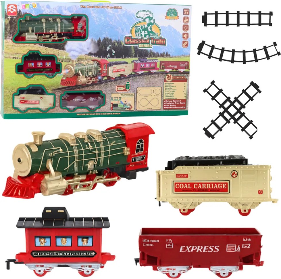 LEAN Toys Elektrický klasický vláčik so svetlami, zvukmi a dymom, 24 ks