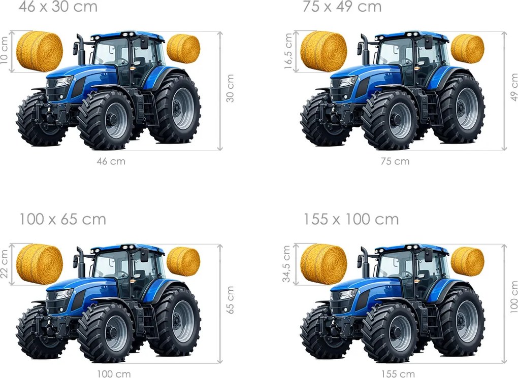 Modrý traktor textilní prelepiteľná nálepka na stenu hárok 46 x 30 cm