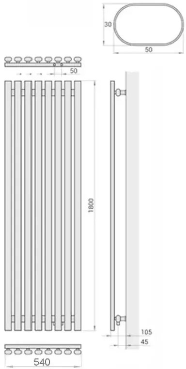 Regnis Lazur LA, vykurovacie teleso 540x1800mm so stredovým pripojením 50mm, 1164W, čierna matná, LAZURLA/1800/540/D5/BLACK