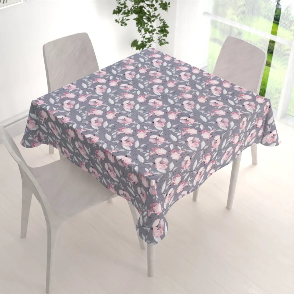Biante Zamatový štvorcový obrus Tamara TMR-013 Ružové kvety na sivom 130x130 cm