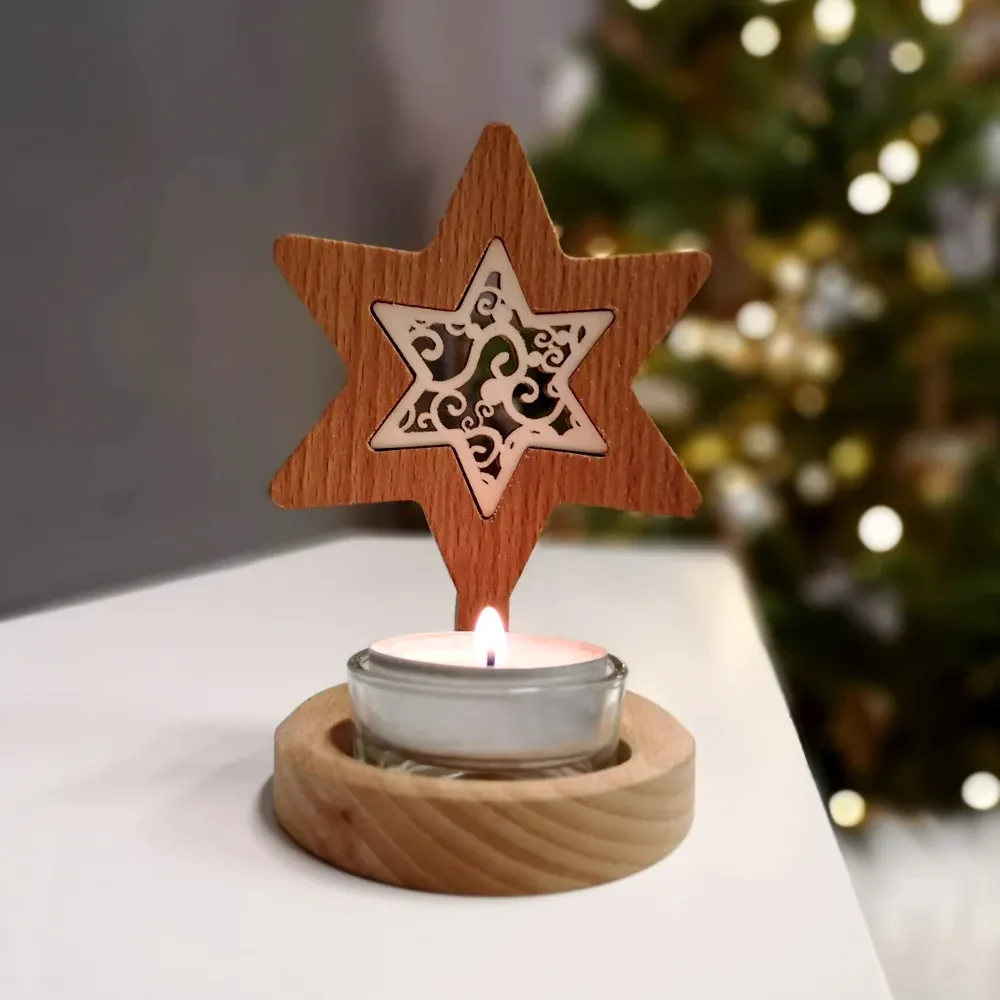 AMADEA Drevený svietnik hviezda s vkladom - ornament, masívne drevo, výška 10 cm