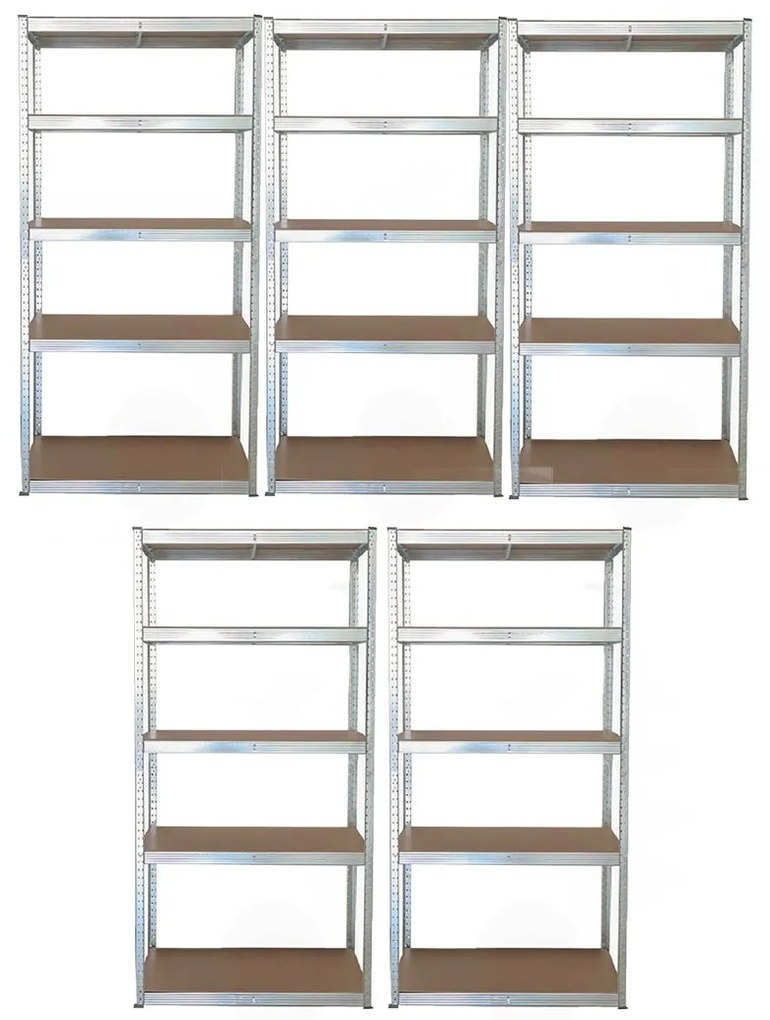 Pack 5x Stabil S, bezskrutkový kovový regál s HDF policou, 180x90x40 cm, 5 políc, 175kg na policu, zinok