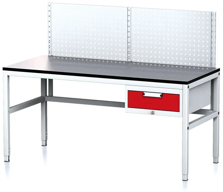 Alfa 3 Nastaviteľný dielenský stôl MECHANIC II s perfopanelom, 1 zásuvkový box na náradie, 1600x700x745-985 mm, sivá/červená