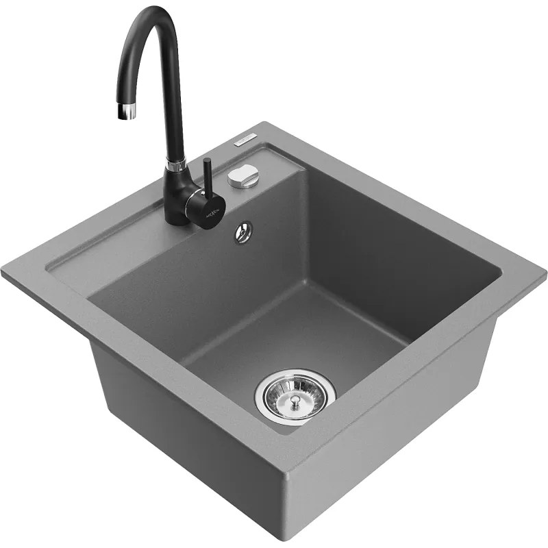Mexen Vito, 1-komorový granitový drez 520x490x210 mm, čierna batéria Telma, šedá, 6503-71-670200-70