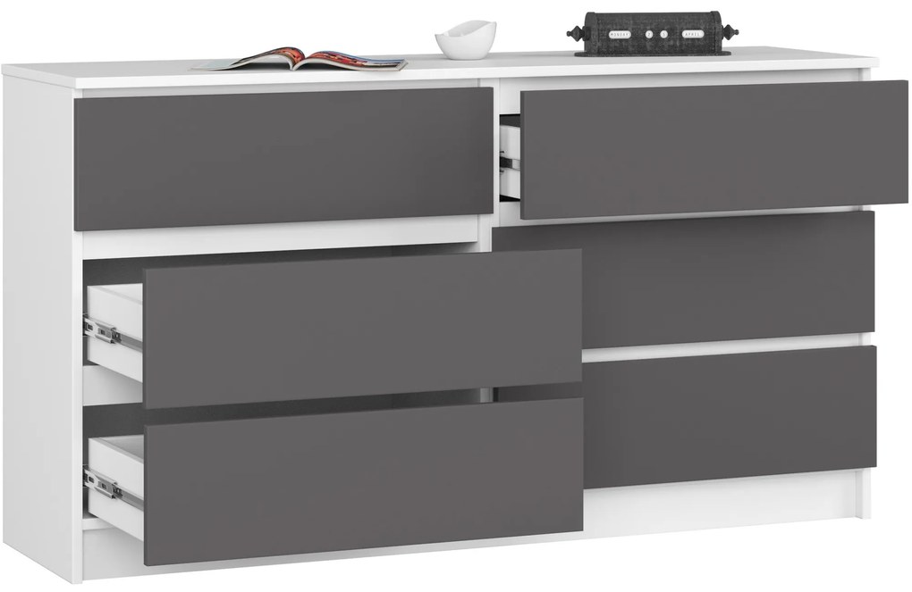 Komoda Kuba 140 cm 6 zásuviek biela/grafitová