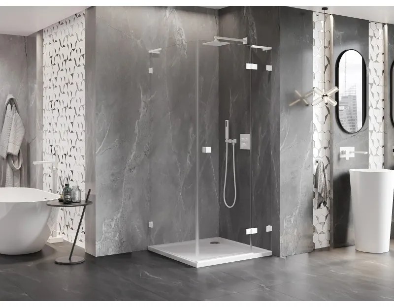 Mexen Lunar, L pravý výklopný sprchový kút 70 x 70 cm, 8mm číre sklo, biely profil, 834L-070-070-20-00-P